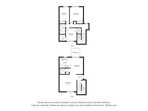 Floor plan for 3 beds, 1 bath